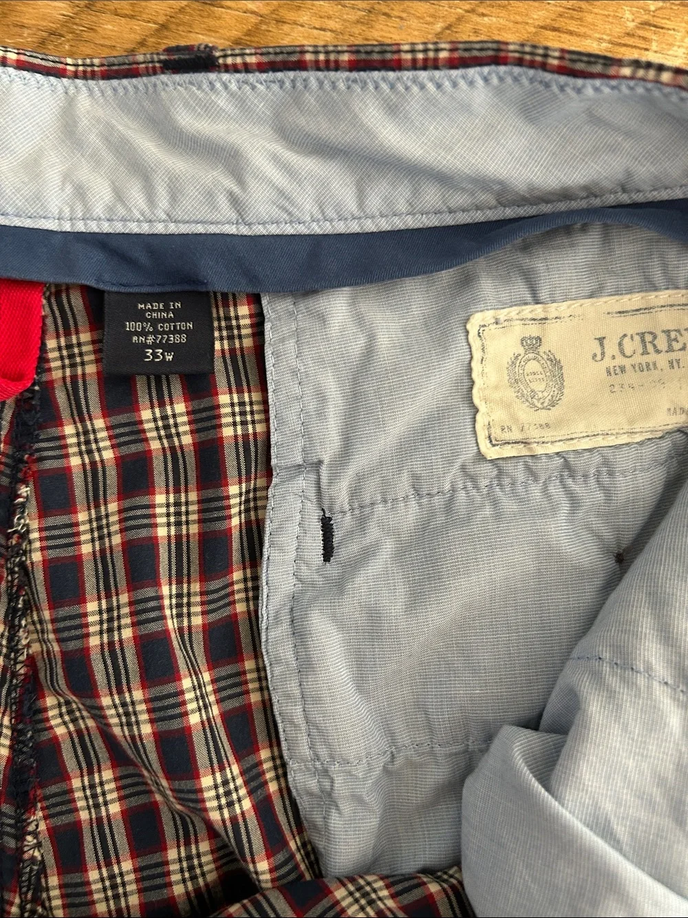 Vintage Men’s J. Crew Navy, Red & Cream Plaid Flat Front Shorts